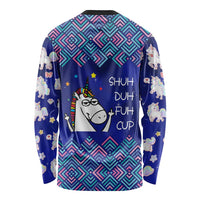 Funny Unicorn Long Sleeve Shirt with Shuh Duh Fuh Cup Quote Blue Geometric and Cartoon - Wonder Print Shop