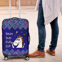 Funny Unicorn Luggage Cover with Shuh Duh Fuh Cup Quote Blue Geometric and Cartoon - Wonder Print Shop