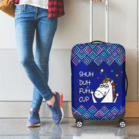 Funny Unicorn Luggage Cover with Shuh Duh Fuh Cup Quote Blue Geometric and Cartoon - Wonder Print Shop
