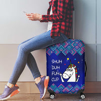 Funny Unicorn Luggage Cover with Shuh Duh Fuh Cup Quote Blue Geometric and Cartoon - Wonder Print Shop