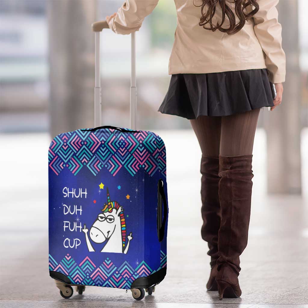 Funny Unicorn Luggage Cover with Shuh Duh Fuh Cup Quote Blue Geometric and Cartoon - Wonder Print Shop