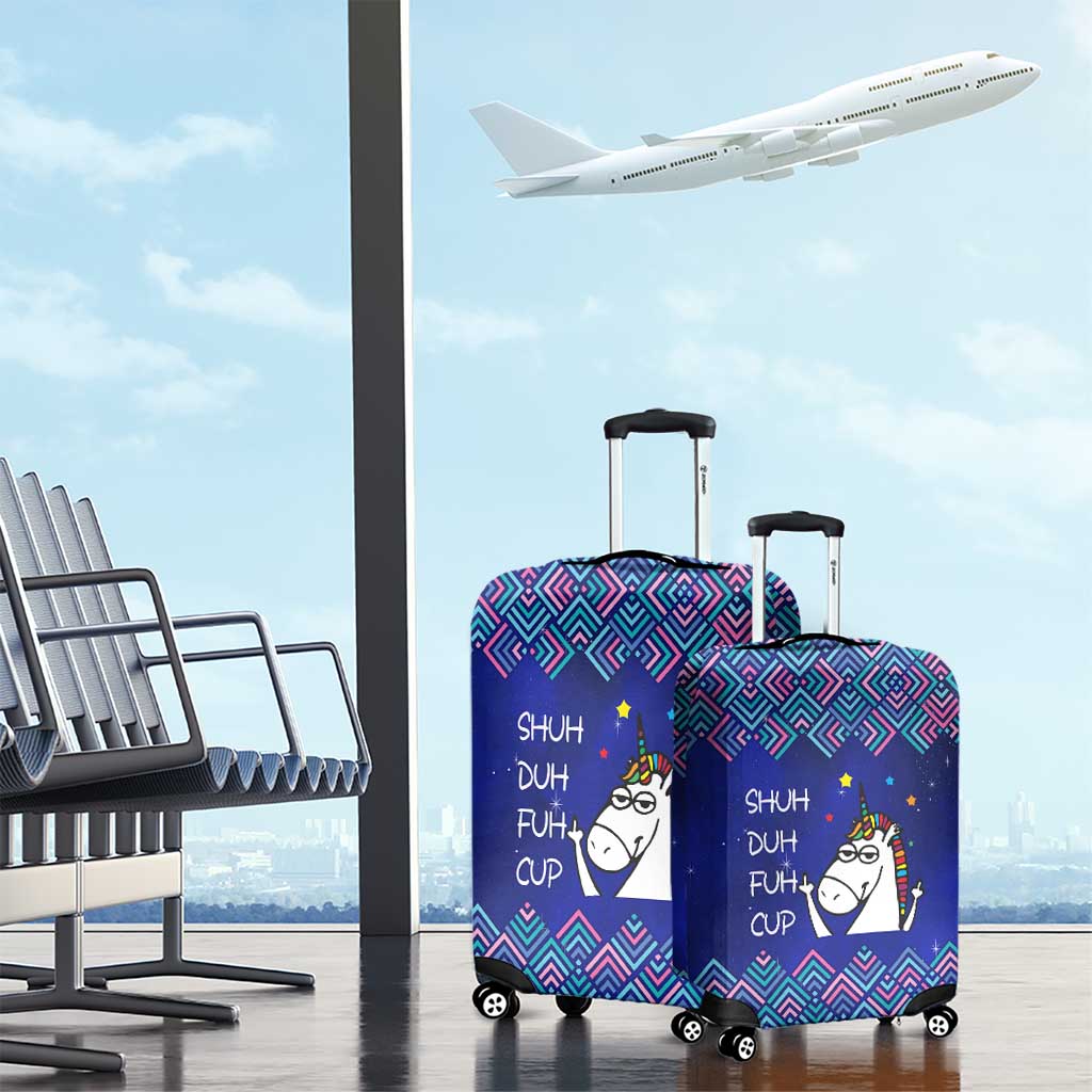 Funny Unicorn Luggage Cover with Shuh Duh Fuh Cup Quote Blue Geometric and Cartoon - Wonder Print Shop