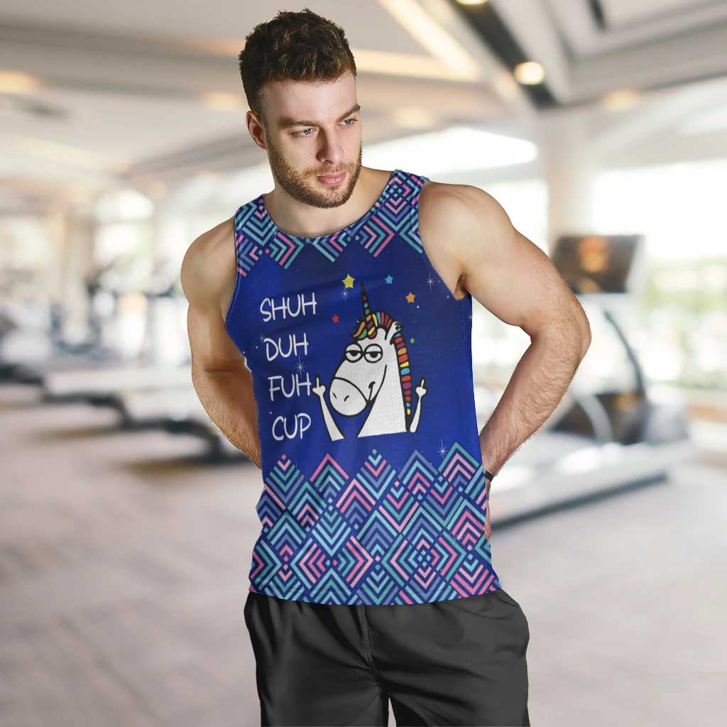 Funny Unicorn Men Tank Top with Shuh Duh Fuh Cup Quote Blue Geometric and Cartoon - Wonder Print Shop
