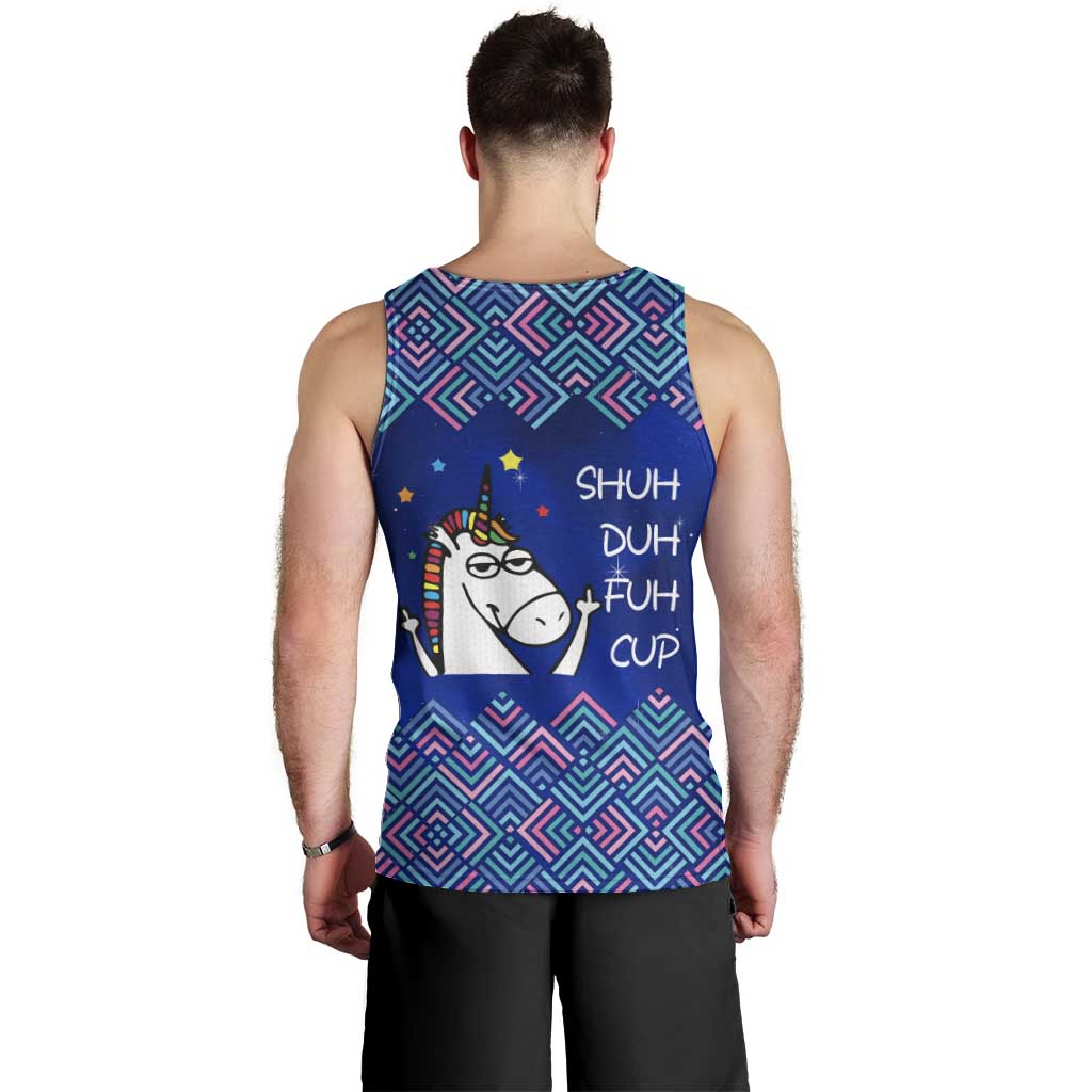 Funny Unicorn Men Tank Top with Shuh Duh Fuh Cup Quote Blue Geometric and Cartoon - Wonder Print Shop