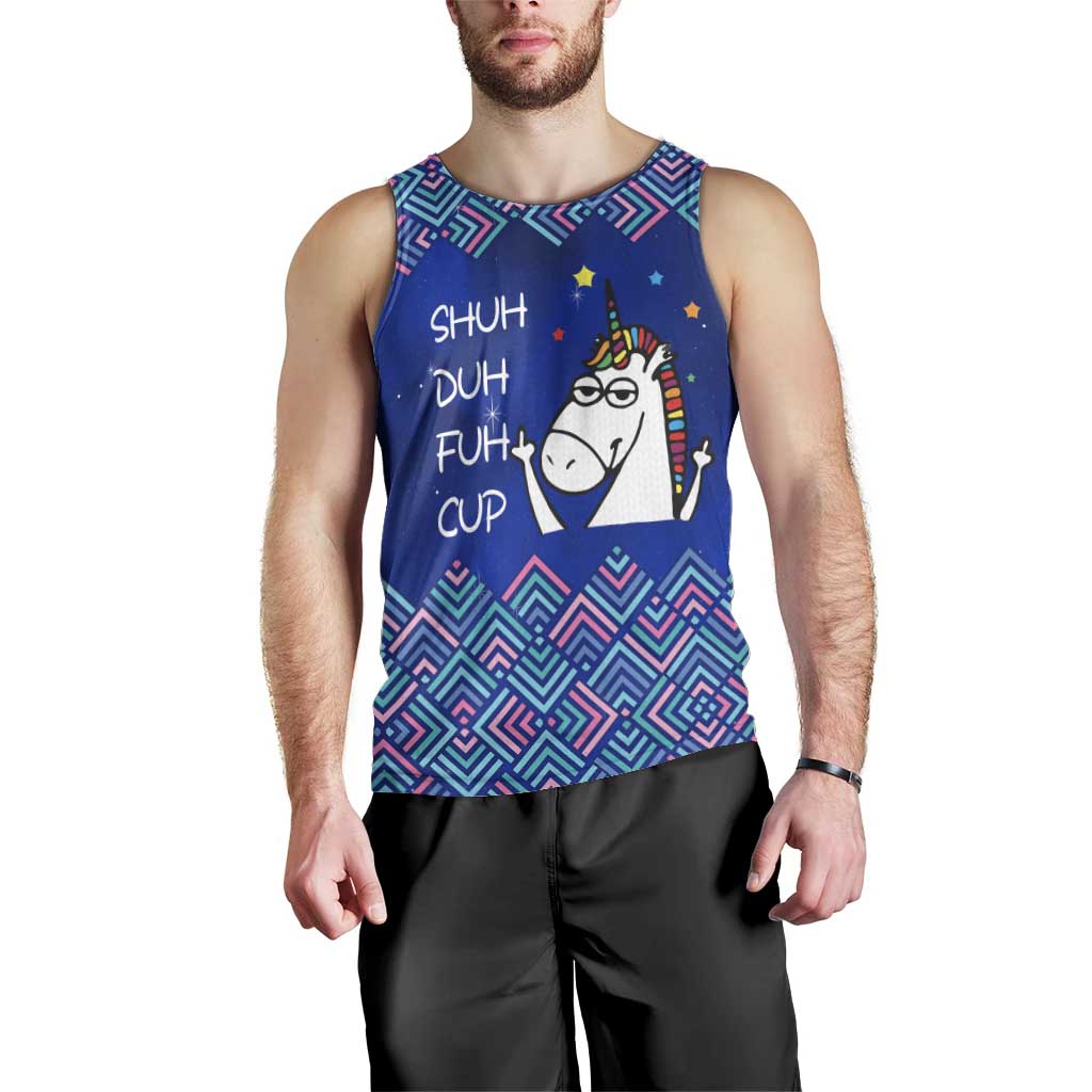 Funny Unicorn Men Tank Top with Shuh Duh Fuh Cup Quote Blue Geometric and Cartoon - Wonder Print Shop
