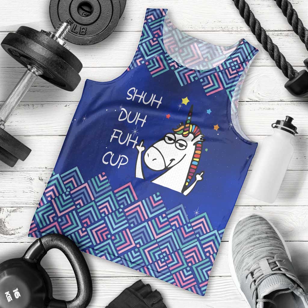Funny Unicorn Men Tank Top with Shuh Duh Fuh Cup Quote Blue Geometric and Cartoon - Wonder Print Shop