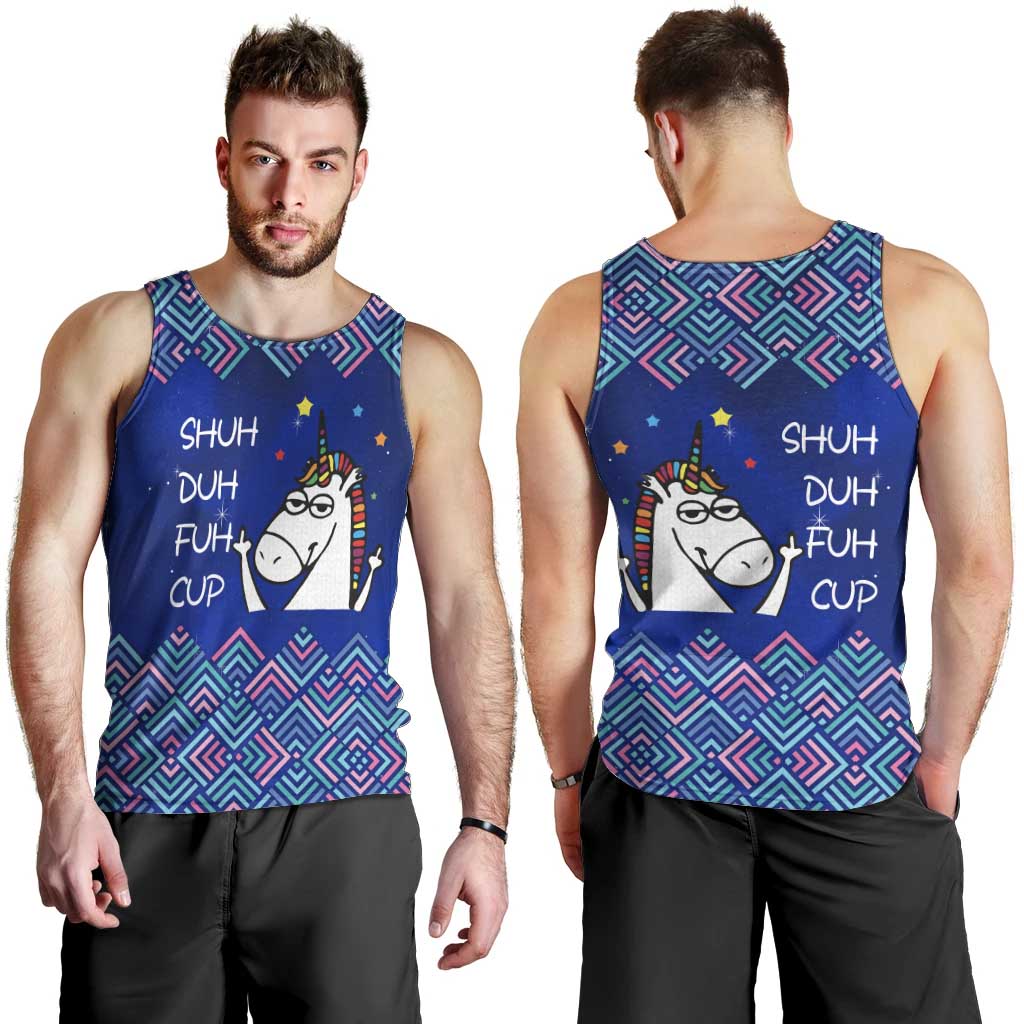 Funny Unicorn Men Tank Top with Shuh Duh Fuh Cup Quote Blue Geometric and Cartoon - Wonder Print Shop