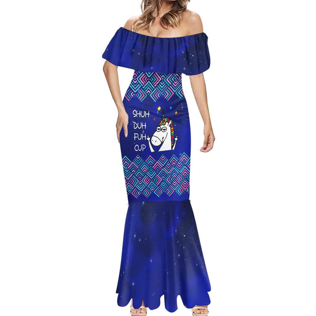 Funny Unicorn Mermaid Dress with Shuh Duh Fuh Cup Quote Blue Geometric and Cartoon - Wonder Print Shop