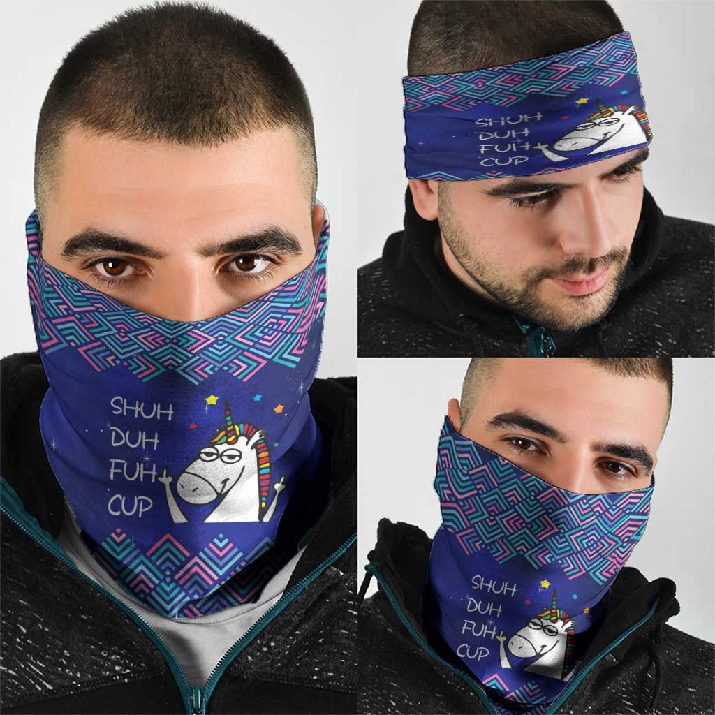 Funny Unicorn Neck Gaiter with Shuh Duh Fuh Cup Quote Blue Geometric and Cartoon - Wonder Print Shop