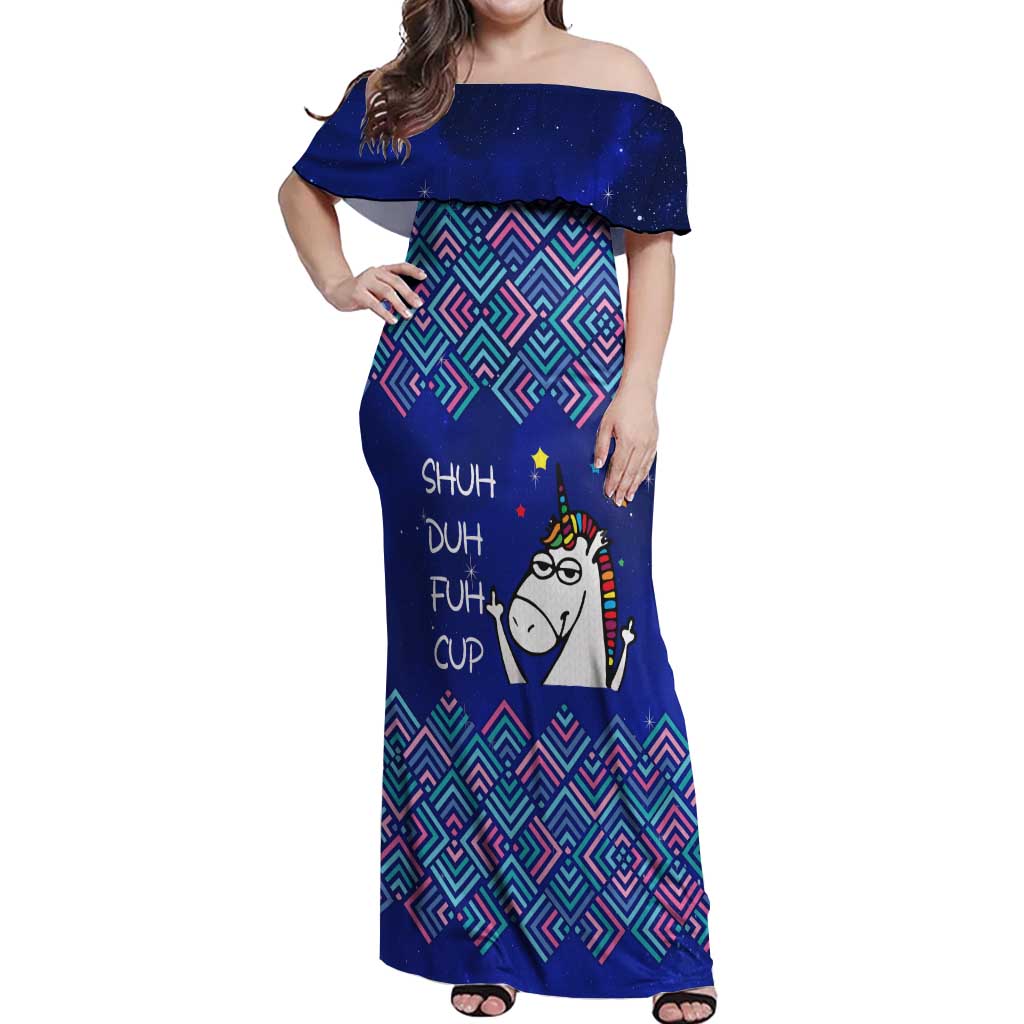 Funny Unicorn Off Shoulder Maxi Dress with Shuh Duh Fuh Cup Quote Blue Geometric and Cartoon - Wonder Print Shop