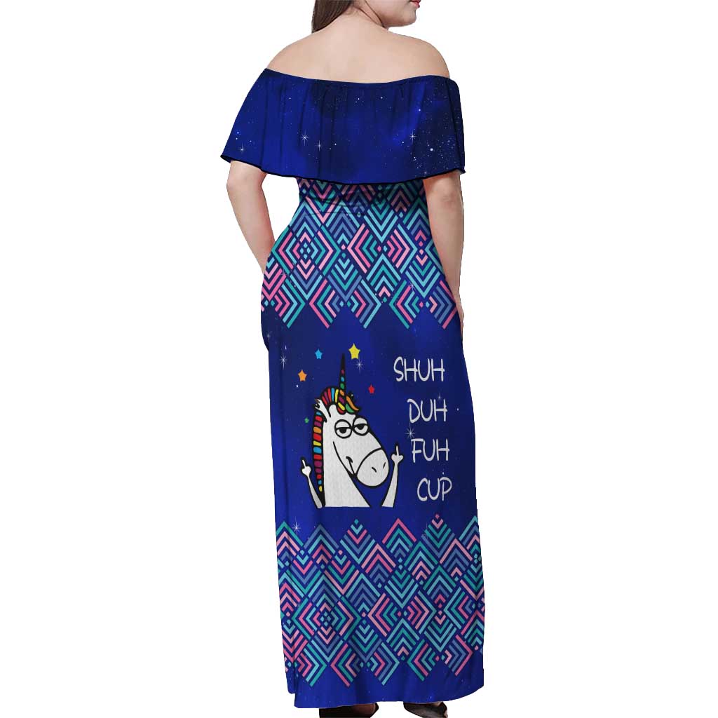 Funny Unicorn Off Shoulder Maxi Dress with Shuh Duh Fuh Cup Quote Blue Geometric and Cartoon - Wonder Print Shop