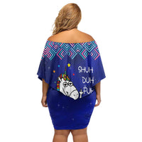 Funny Unicorn Off Shoulder Short Dress with Shuh Duh Fuh Cup Quote Blue Geometric and Cartoon - Wonder Print Shop