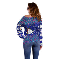 Funny Unicorn Off Shoulder Sweater with Shuh Duh Fuh Cup Quote Blue Geometric and Cartoon - Wonder Print Shop