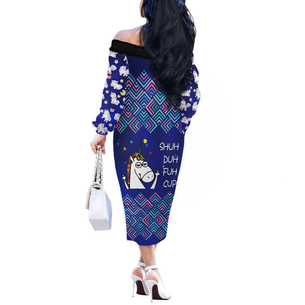 Funny Unicorn Off The Shoulder Long Sleeve Dress with Shuh Duh Fuh Cup Quote Blue Geometric and Cartoon - Wonder Print Shop