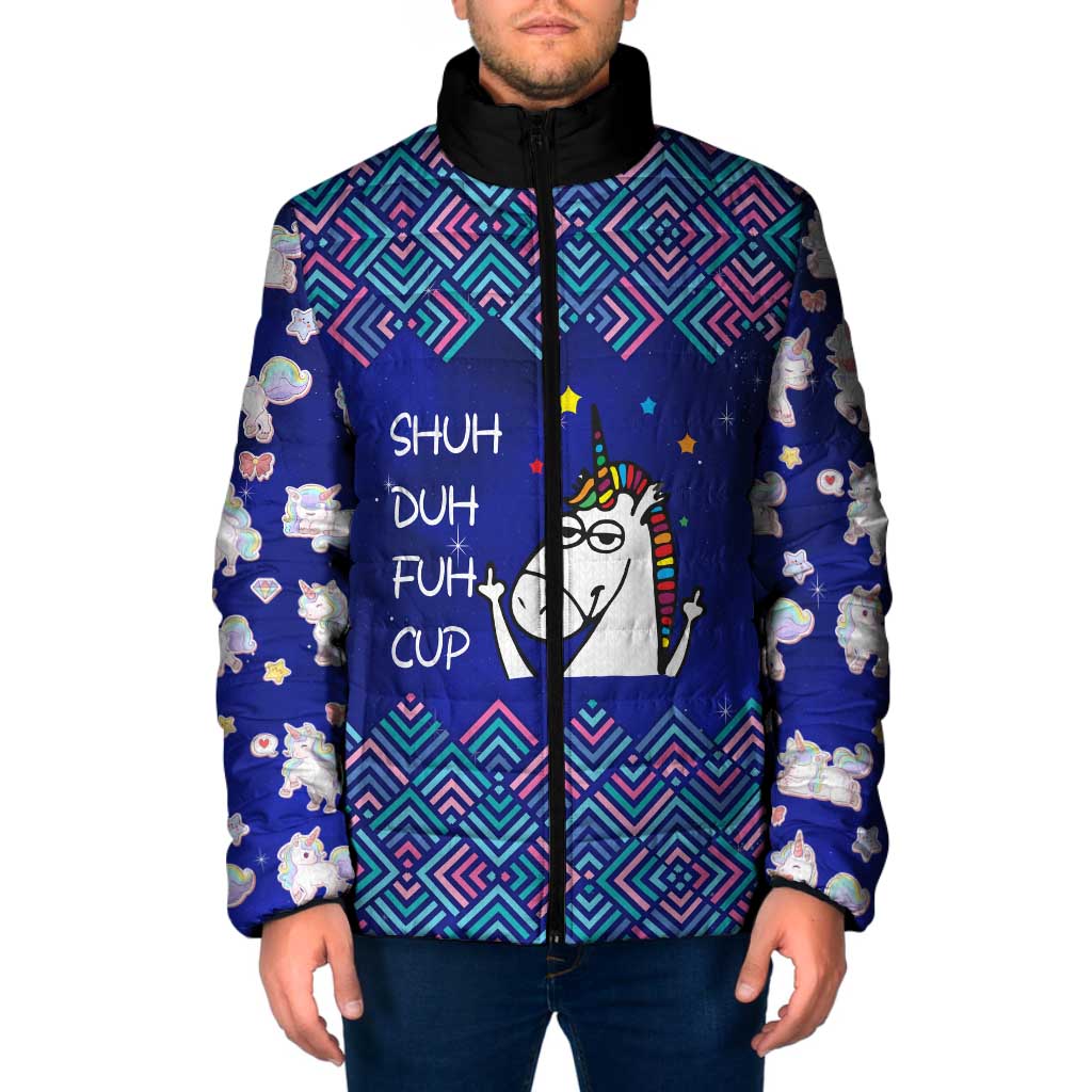 Funny Unicorn Padded Jacket with Shuh Duh Fuh Cup Quote Blue Geometric and Cartoon - Wonder Print Shop