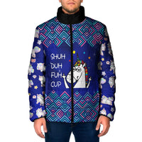 Funny Unicorn Padded Jacket with Shuh Duh Fuh Cup Quote Blue Geometric and Cartoon - Wonder Print Shop