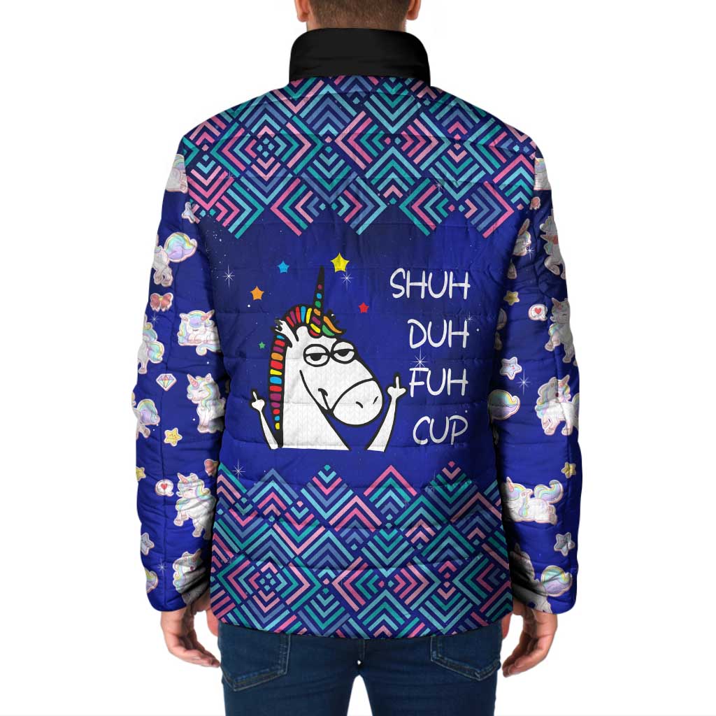 Funny Unicorn Padded Jacket with Shuh Duh Fuh Cup Quote Blue Geometric and Cartoon - Wonder Print Shop