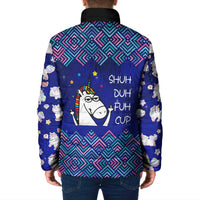 Funny Unicorn Padded Jacket with Shuh Duh Fuh Cup Quote Blue Geometric and Cartoon - Wonder Print Shop