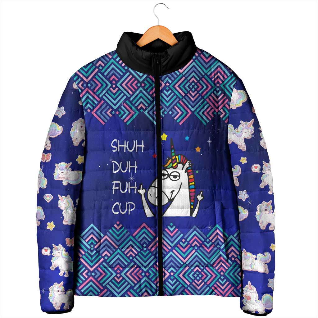 Funny Unicorn Padded Jacket with Shuh Duh Fuh Cup Quote Blue Geometric and Cartoon - Wonder Print Shop