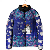 Funny Unicorn Padded Jacket with Shuh Duh Fuh Cup Quote Blue Geometric and Cartoon - Wonder Print Shop