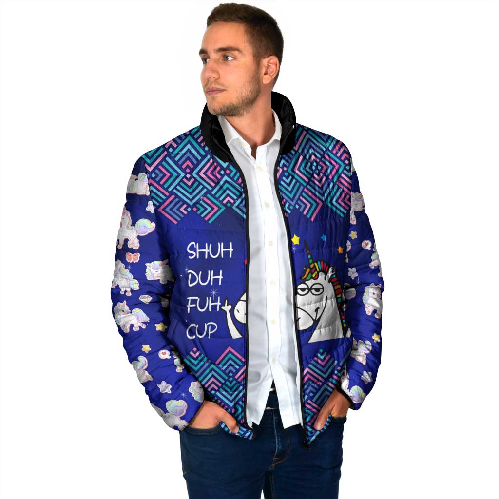 Funny Unicorn Padded Jacket with Shuh Duh Fuh Cup Quote Blue Geometric and Cartoon - Wonder Print Shop