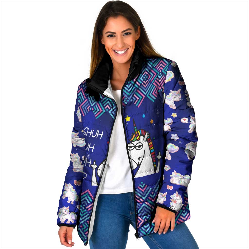 Funny Unicorn Padded Jacket with Shuh Duh Fuh Cup Quote Blue Geometric and Cartoon - Wonder Print Shop