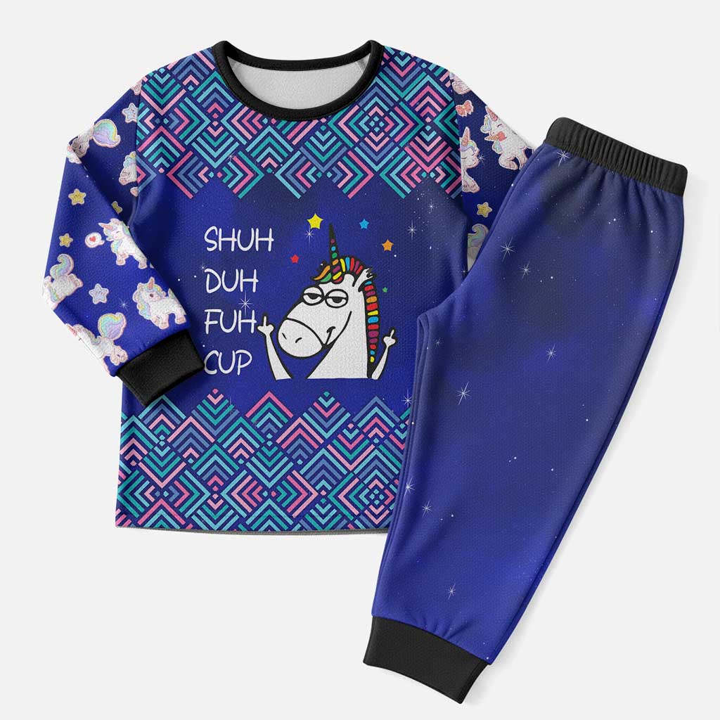 Funny Unicorn Christmas Pajama Set with Shuh Duh Fuh Cup Quote Blue Geometric and Cartoon - Wonder Print Shop
