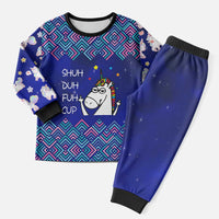 Funny Unicorn Christmas Pajama Set with Shuh Duh Fuh Cup Quote Blue Geometric and Cartoon - Wonder Print Shop