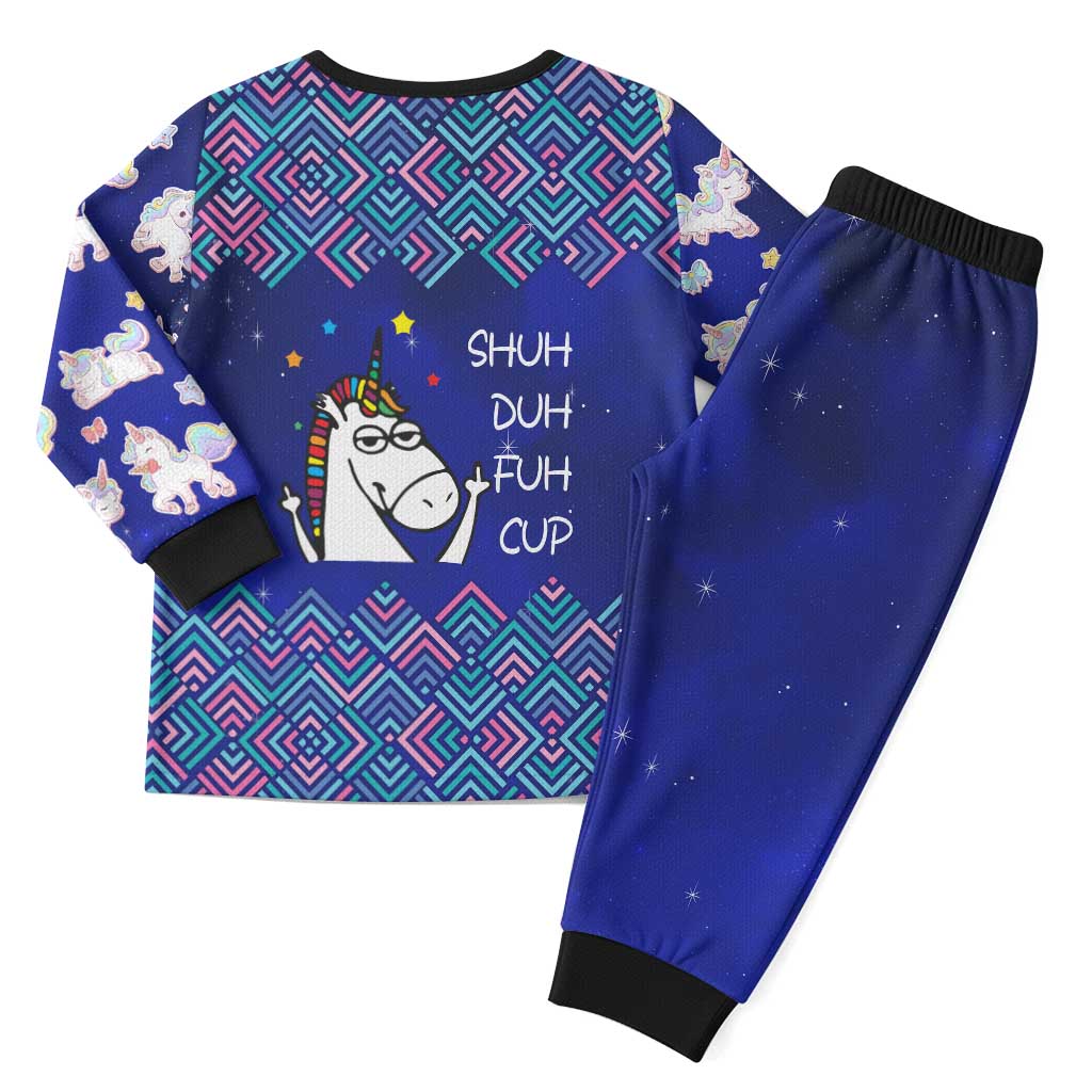 Funny Unicorn Christmas Pajama Set with Shuh Duh Fuh Cup Quote Blue Geometric and Cartoon - Wonder Print Shop