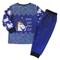 Funny Unicorn Christmas Pajama Set with Shuh Duh Fuh Cup Quote Blue Geometric and Cartoon - Wonder Print Shop