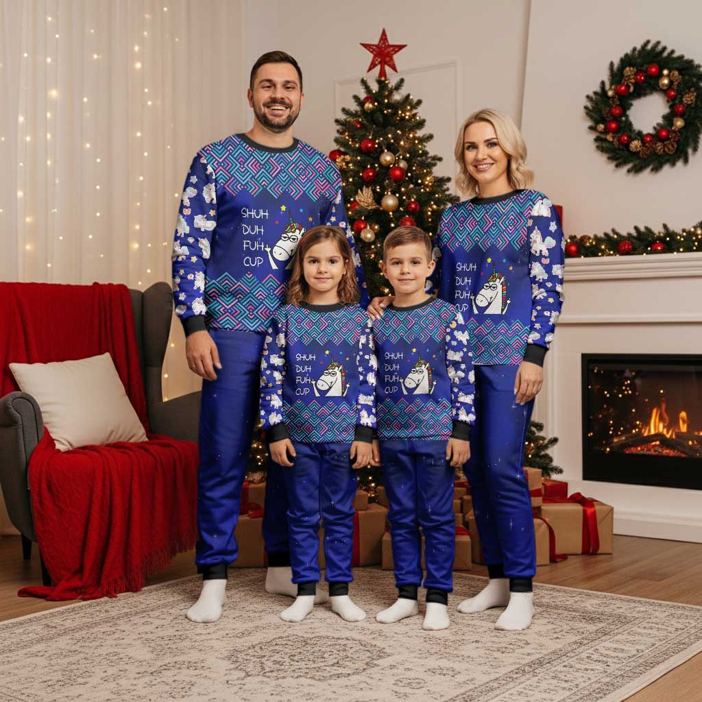 Funny Unicorn Christmas Pajama Set with Shuh Duh Fuh Cup Quote Blue Geometric and Cartoon - Wonder Print Shop
