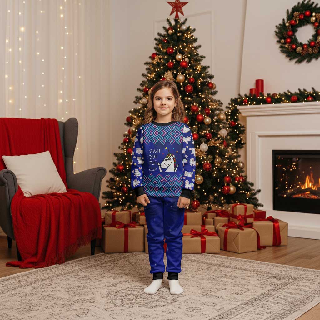 Funny Unicorn Christmas Pajama Set with Shuh Duh Fuh Cup Quote Blue Geometric and Cartoon - Wonder Print Shop
