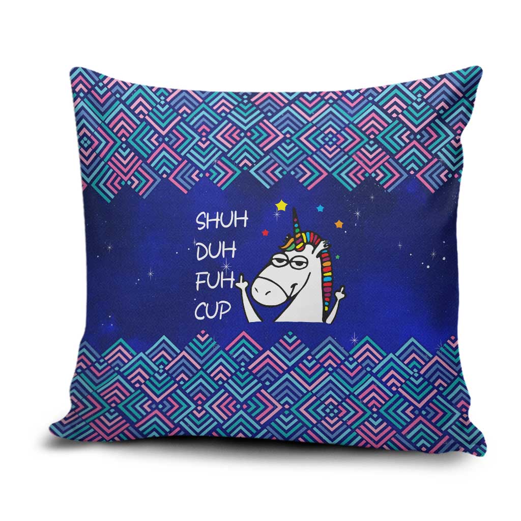 Funny Unicorn Pillow Cover with Shuh Duh Fuh Cup Quote Blue Geometric and Cartoon - Wonder Print Shop