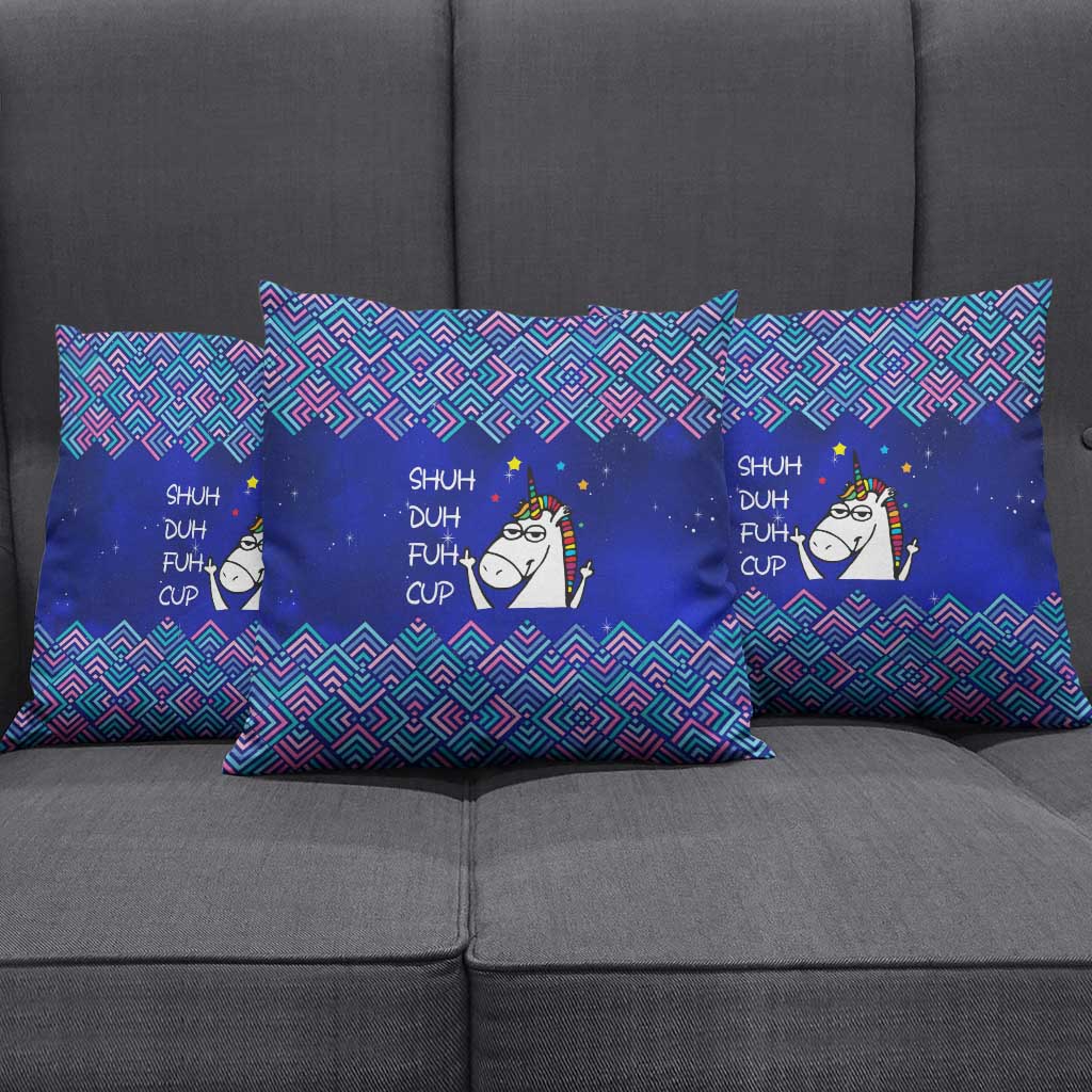 Funny Unicorn Pillow Cover with Shuh Duh Fuh Cup Quote Blue Geometric and Cartoon - Wonder Print Shop