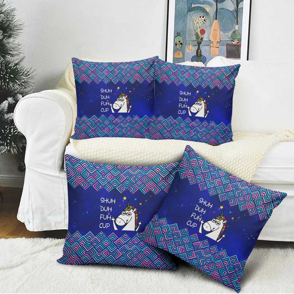Funny Unicorn Pillow Cover with Shuh Duh Fuh Cup Quote Blue Geometric and Cartoon - Wonder Print Shop