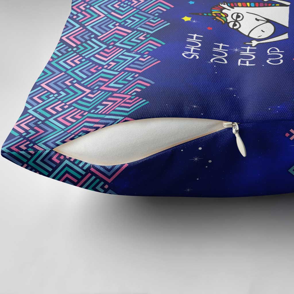 Funny Unicorn Pillow Cover with Shuh Duh Fuh Cup Quote Blue Geometric and Cartoon - Wonder Print Shop