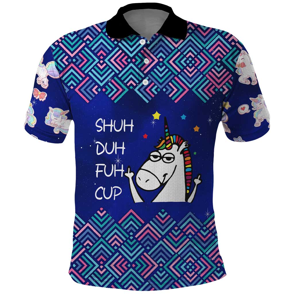 Funny Unicorn Polo Shirt with Shuh Duh Fuh Cup Quote Blue Geometric and Cartoon - Wonder Print Shop