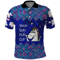 Funny Unicorn Polo Shirt with Shuh Duh Fuh Cup Quote Blue Geometric and Cartoon - Wonder Print Shop