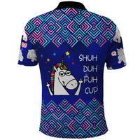 Funny Unicorn Polo Shirt with Shuh Duh Fuh Cup Quote Blue Geometric and Cartoon - Wonder Print Shop