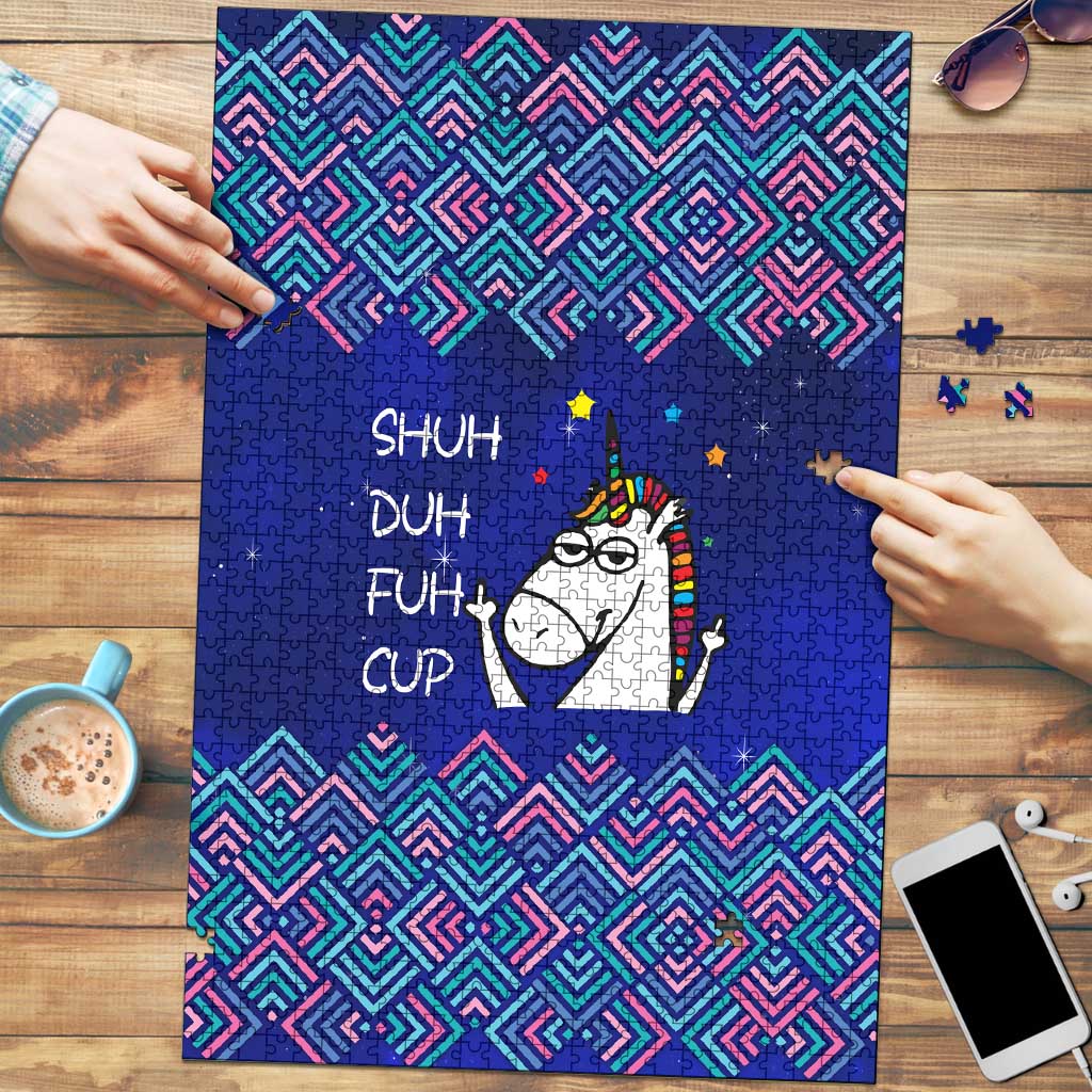 Funny Unicorn Puzzle with Shuh Duh Fuh Cup Quote Blue Geometric and Cartoon - Wonder Print Shop