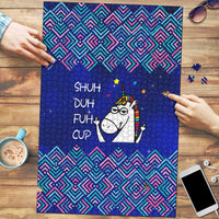 Funny Unicorn Puzzle with Shuh Duh Fuh Cup Quote Blue Geometric and Cartoon - Wonder Print Shop