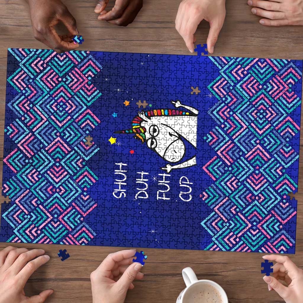 Funny Unicorn Puzzle with Shuh Duh Fuh Cup Quote Blue Geometric and Cartoon - Wonder Print Shop