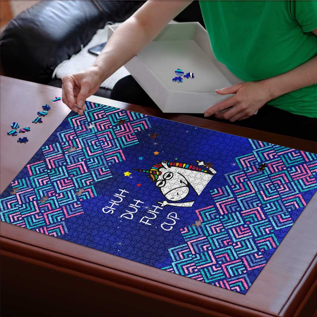 Funny Unicorn Puzzle with Shuh Duh Fuh Cup Quote Blue Geometric and Cartoon - Wonder Print Shop