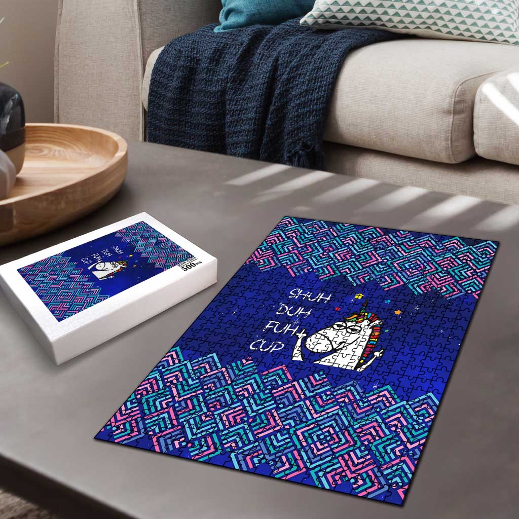 Funny Unicorn Puzzle with Shuh Duh Fuh Cup Quote Blue Geometric and Cartoon - Wonder Print Shop