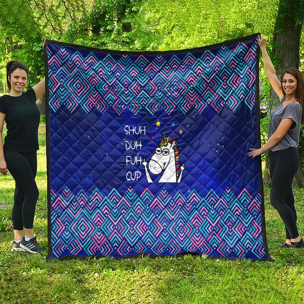 Funny Unicorn Quilt with Shuh Duh Fuh Cup Quote Blue Geometric and Cartoon - Wonder Print Shop
