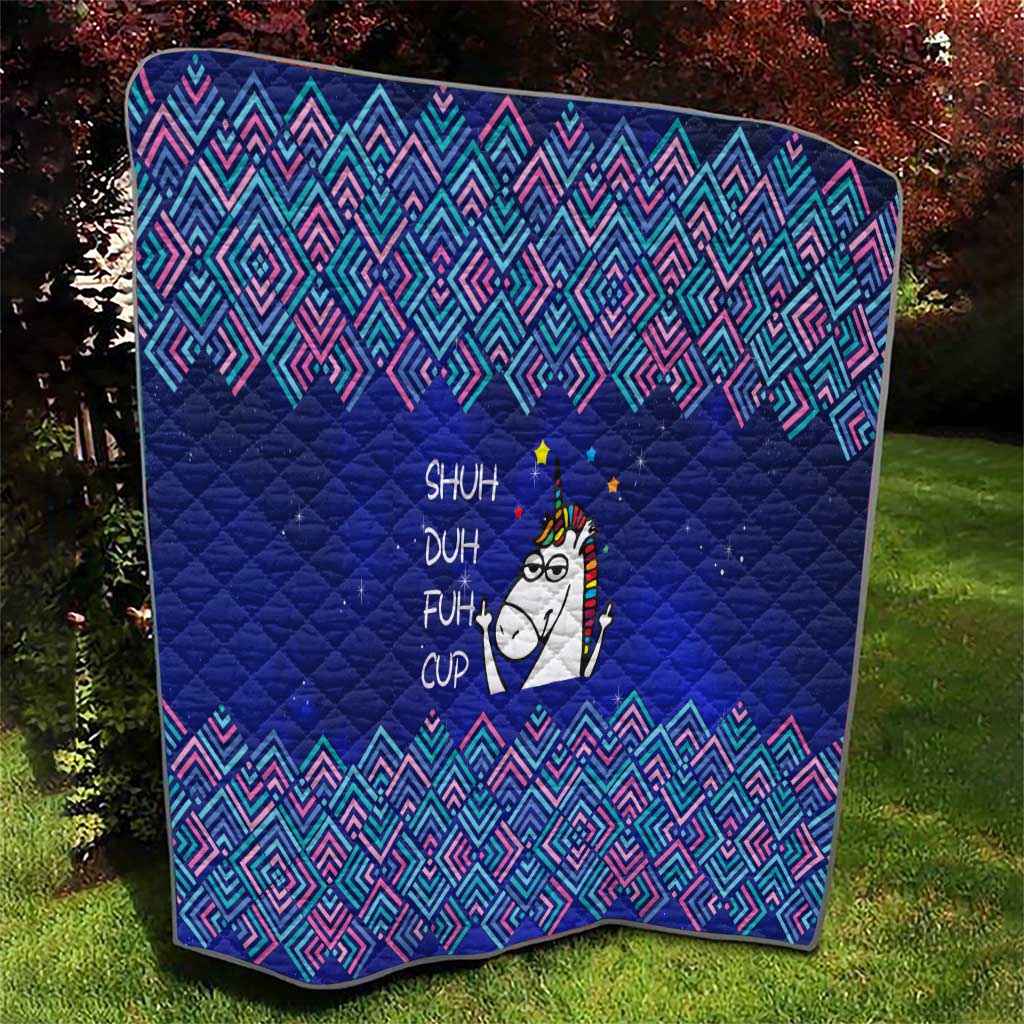 Funny Unicorn Quilt with Shuh Duh Fuh Cup Quote Blue Geometric and Cartoon - Wonder Print Shop