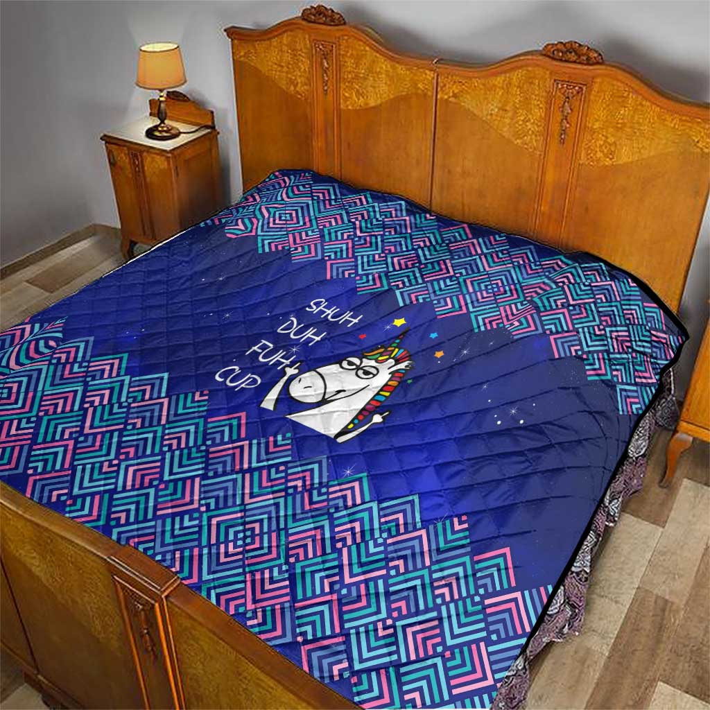 Funny Unicorn Quilt with Shuh Duh Fuh Cup Quote Blue Geometric and Cartoon - Wonder Print Shop