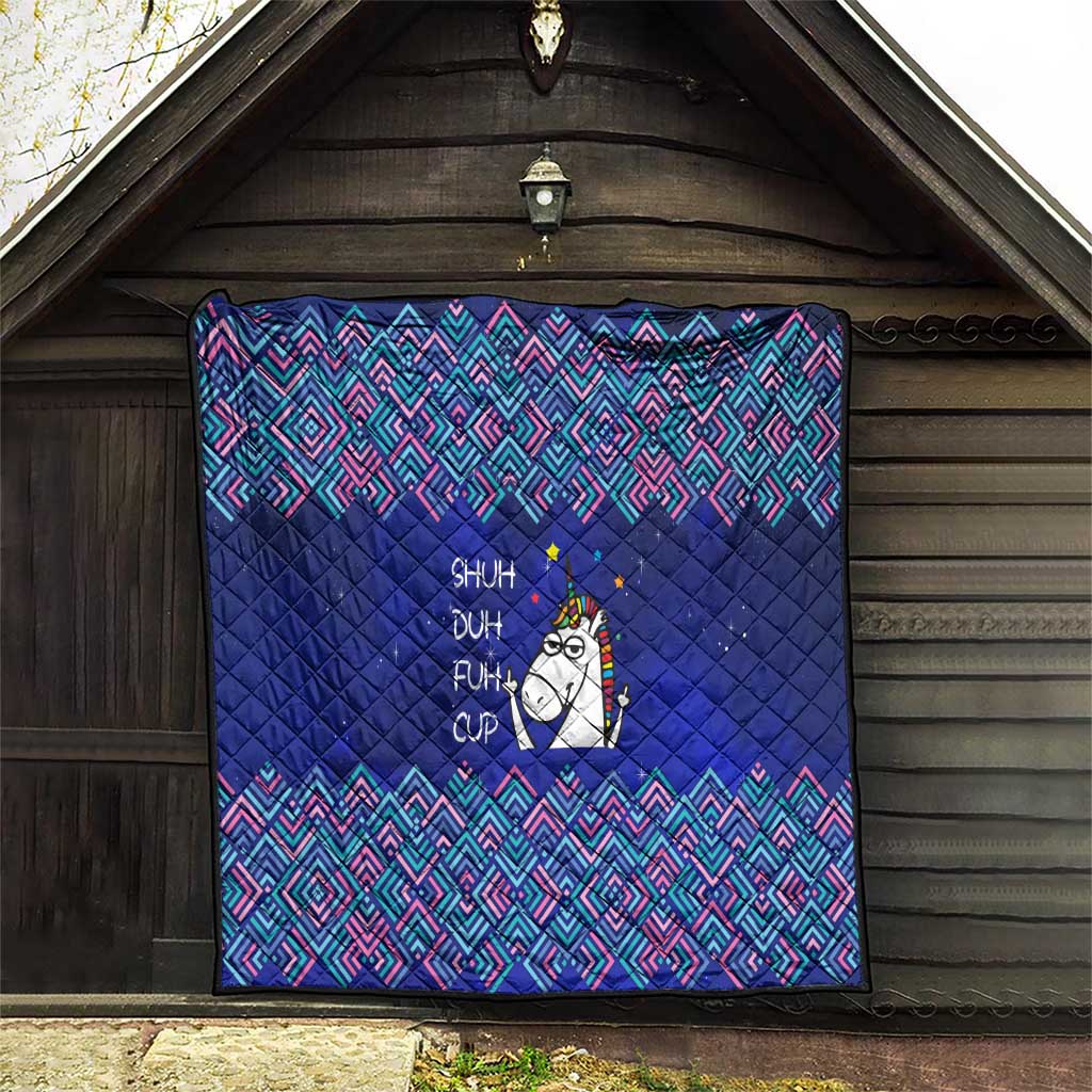 Funny Unicorn Quilt with Shuh Duh Fuh Cup Quote Blue Geometric and Cartoon - Wonder Print Shop