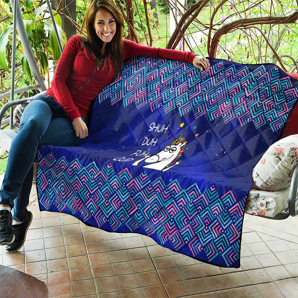 Funny Unicorn Quilt with Shuh Duh Fuh Cup Quote Blue Geometric and Cartoon - Wonder Print Shop