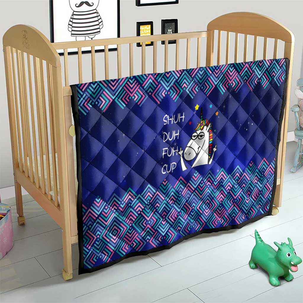 Funny Unicorn Quilt with Shuh Duh Fuh Cup Quote Blue Geometric and Cartoon - Wonder Print Shop